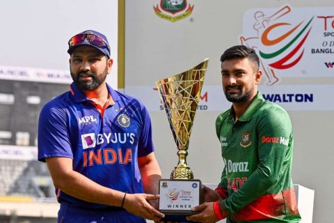 Rohit Sharma of India & Litton Das of Bangladesh During Trophy Unveiling Ceremony of India tour of Bangladesh 2022