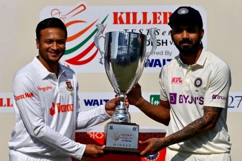 Shakib Al Hasan of Bangladesh & KL Rahul of India During Trophy Unveiling Ceremony of India tour of Bangladesh 2022 Test Series