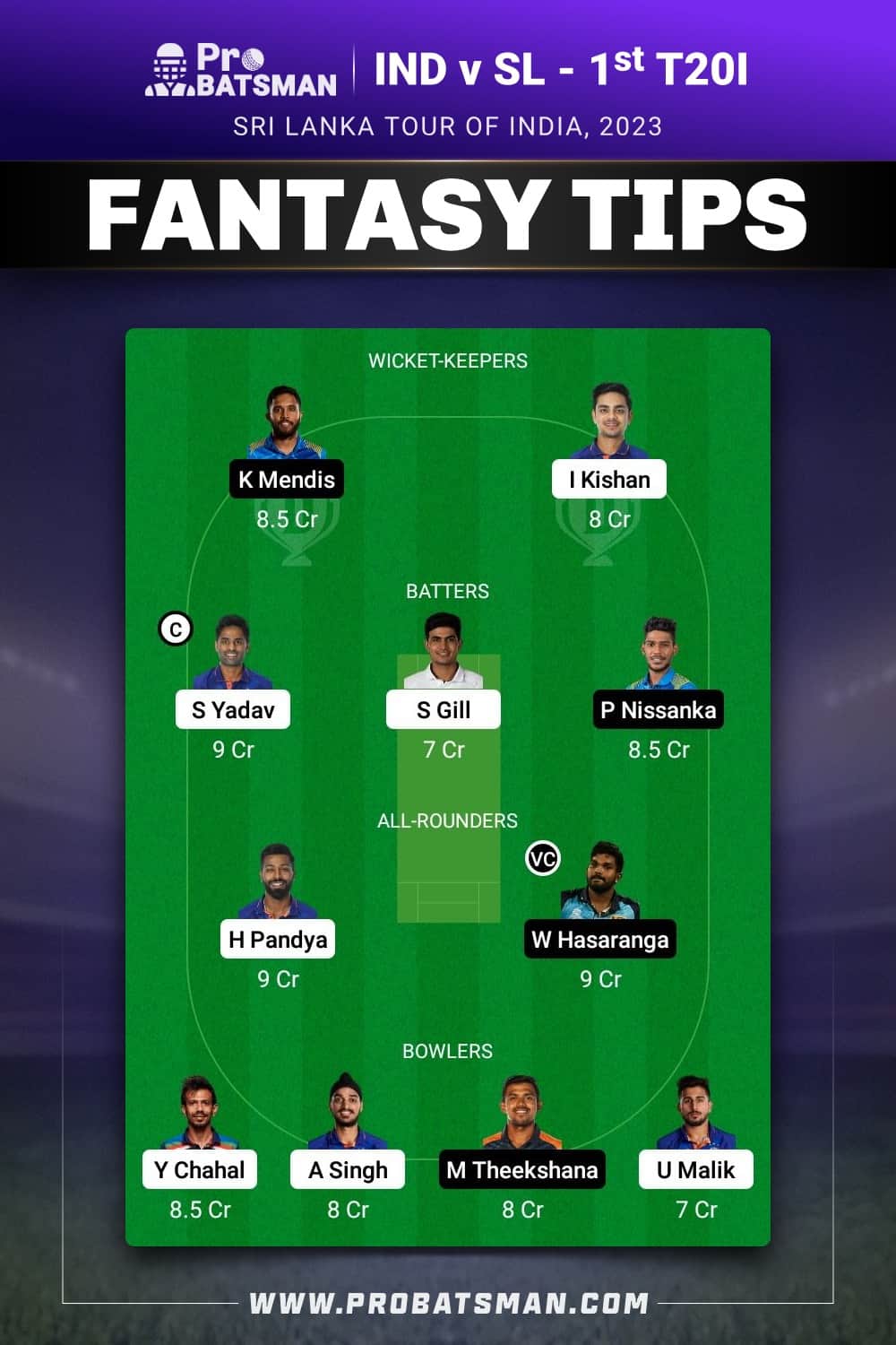 IND vs SL Dream11 Prediction - Fantasy Team 1