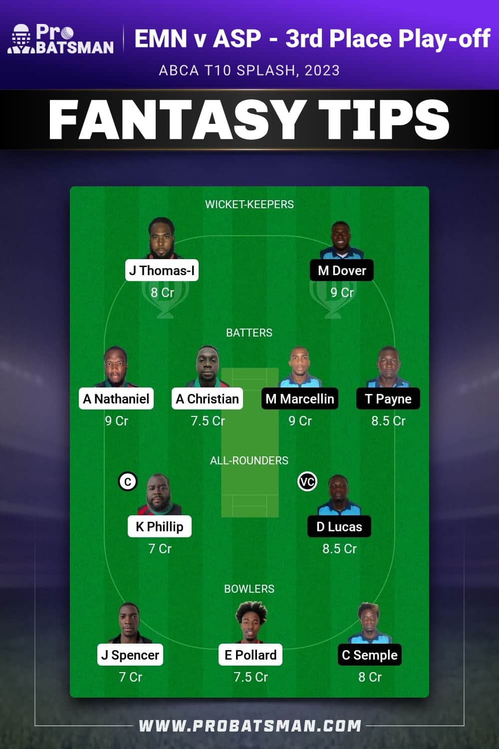 PLBH vs ASP Dream11 Prediction - Fantasy Team 1