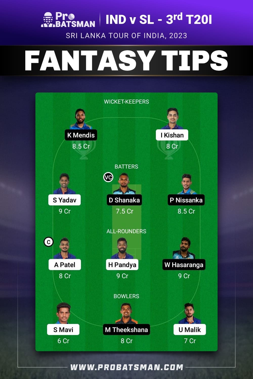 IND vs SL Dream11 Prediction - Fantasy Team 1