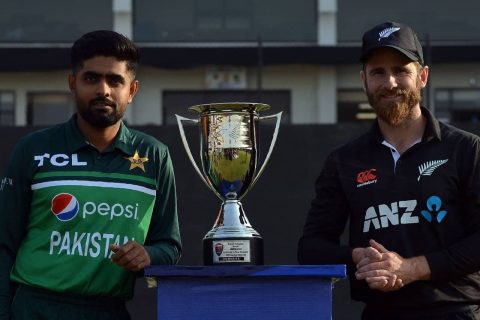 Babar Azam of Pakistan & Kane Williamson of New Zealand with Series trophy of New Zealand Tour of Pakistan 2022-23