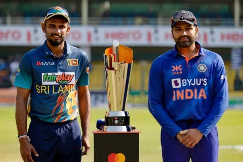 Dasun Shanaka & Rohit Sharma with Trophy ahead of 1st ODI of Sri Lanka tour of India 2023