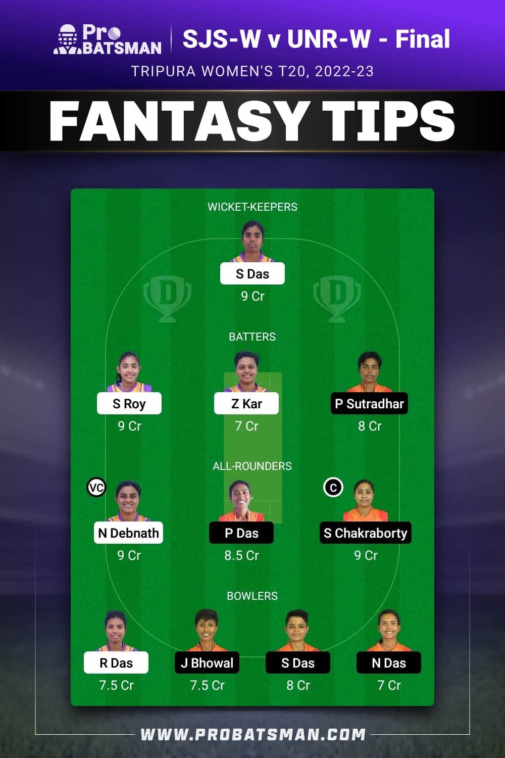 SJS-W vs UNR-W Dream11 Prediction - Fantasy Team 1