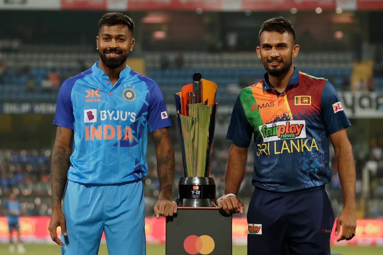 Hardik Pandya of India & Dasun Shanaka of Sri Lanka with Series trophy of Sri Lanka Tour of India 2023