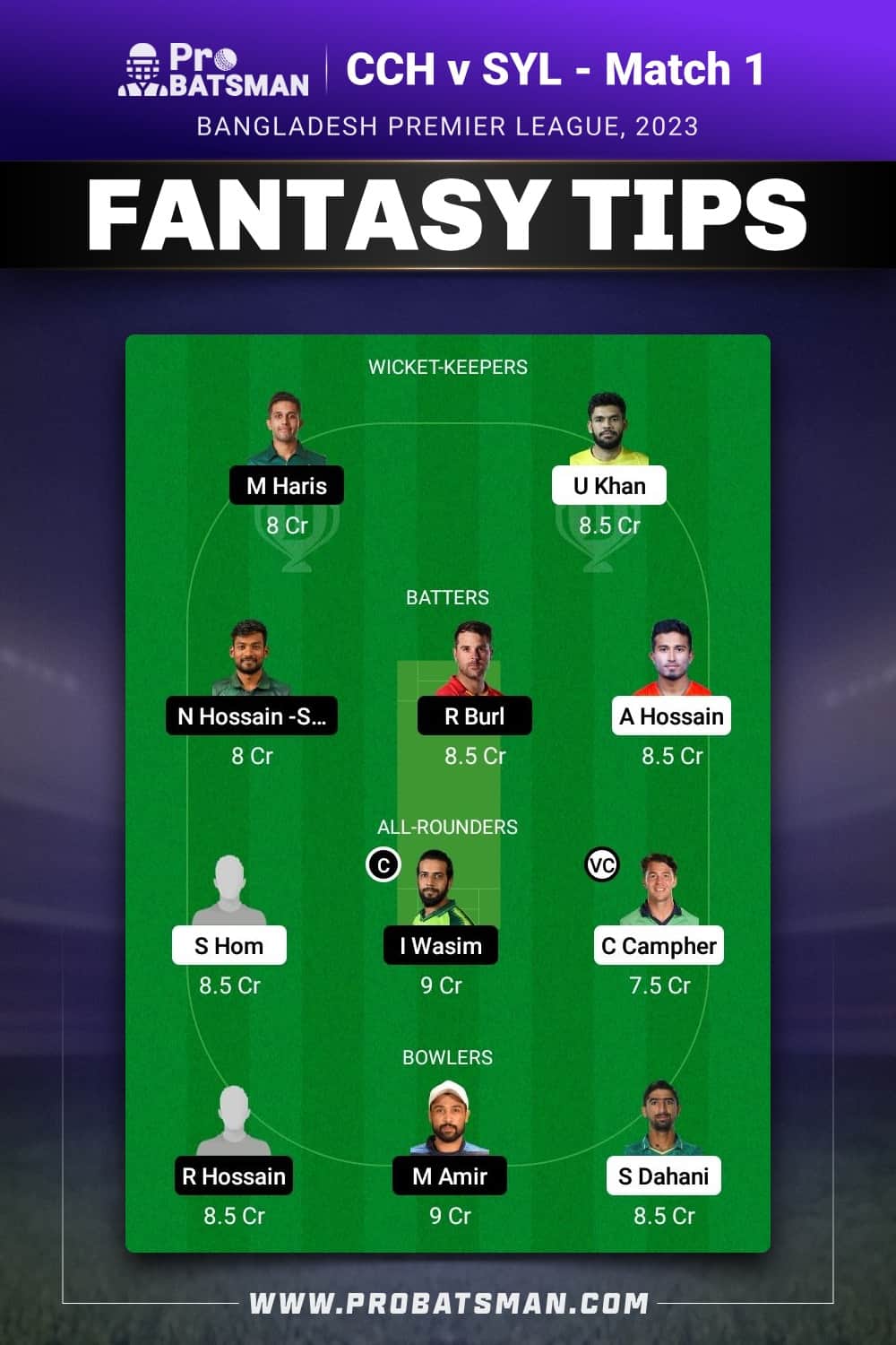 CCH vs SYL Dream11 Prediction With Stats, Pitch Report & Player Record of BPL, 2023 For Match 1