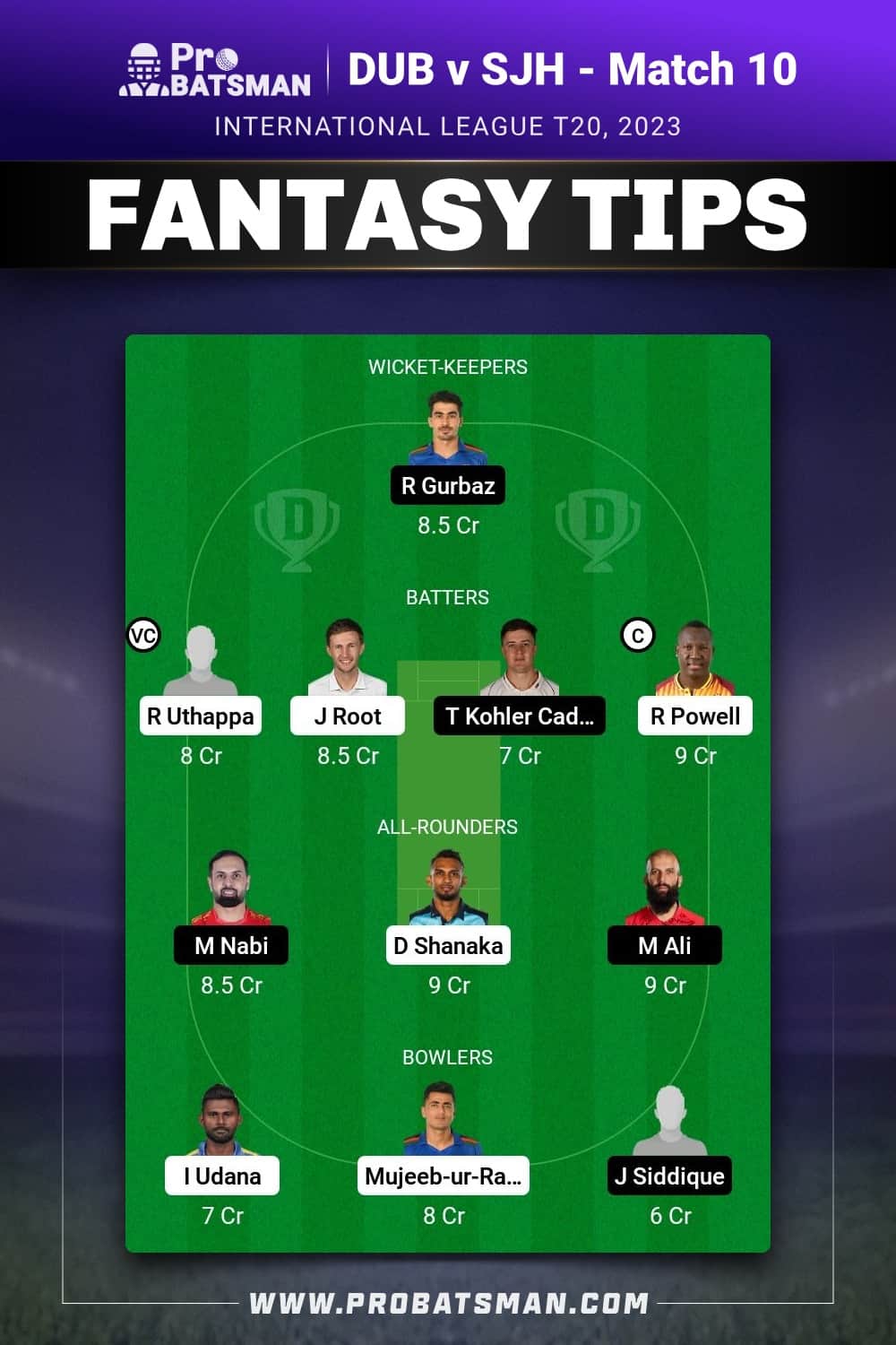 DUB vs SJH Dream11 Prediction - Fantasy Team 1