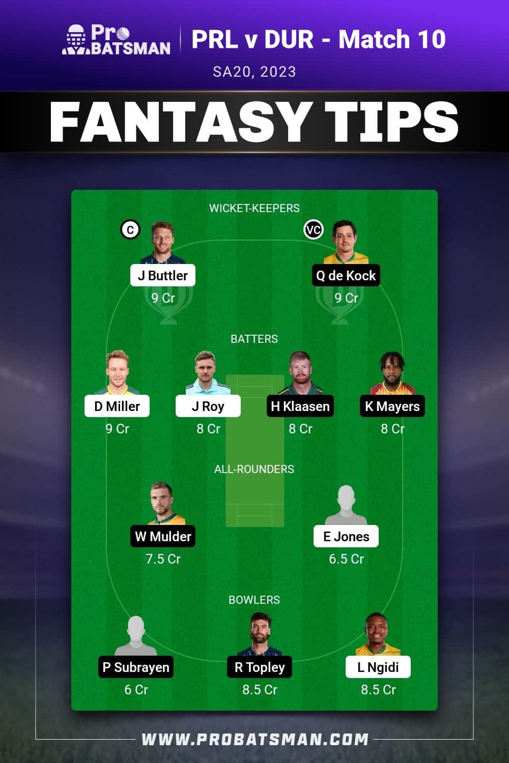 PRL vs DUR Dream11 Prediction - Fantasy Team 2