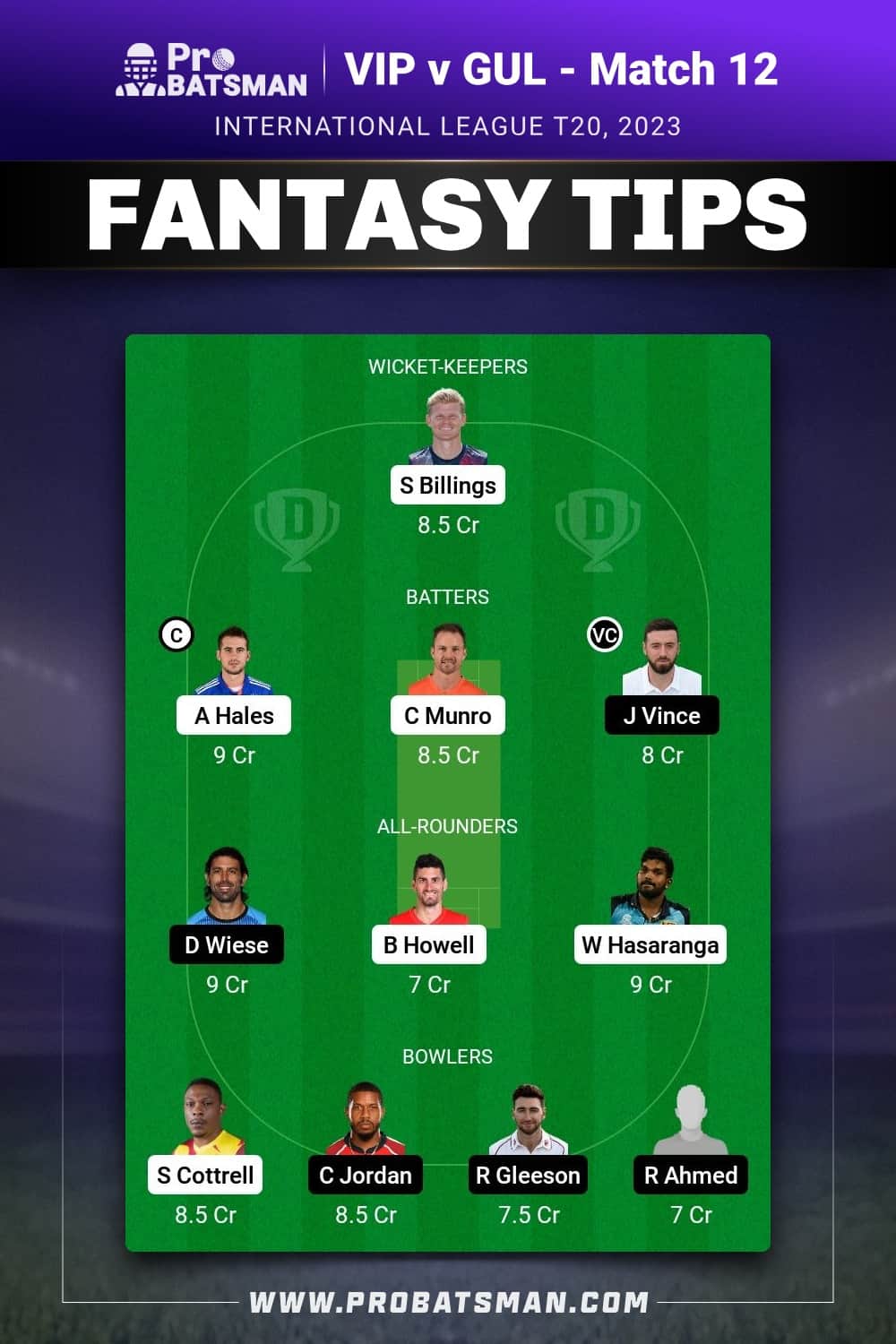 VIP vs GUL Dream11 Prediction - Fantasy Team 1