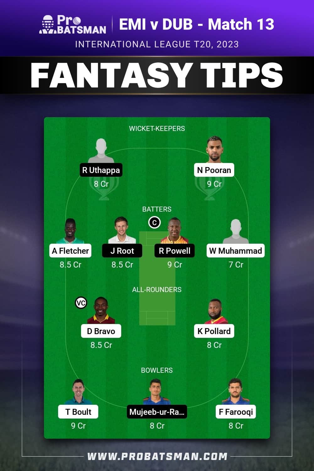 EMI vs DUB Dream11 Prediction - Fantasy Team 1