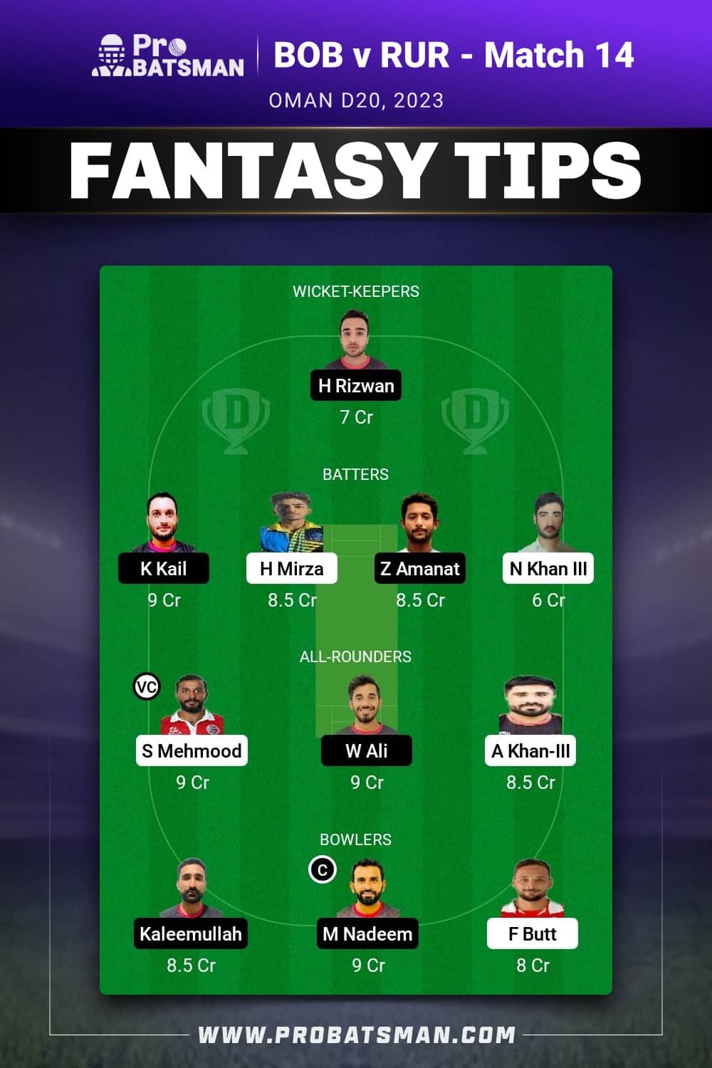 BOB vs RUR Dream11 Prediction - Fantasy Team 1