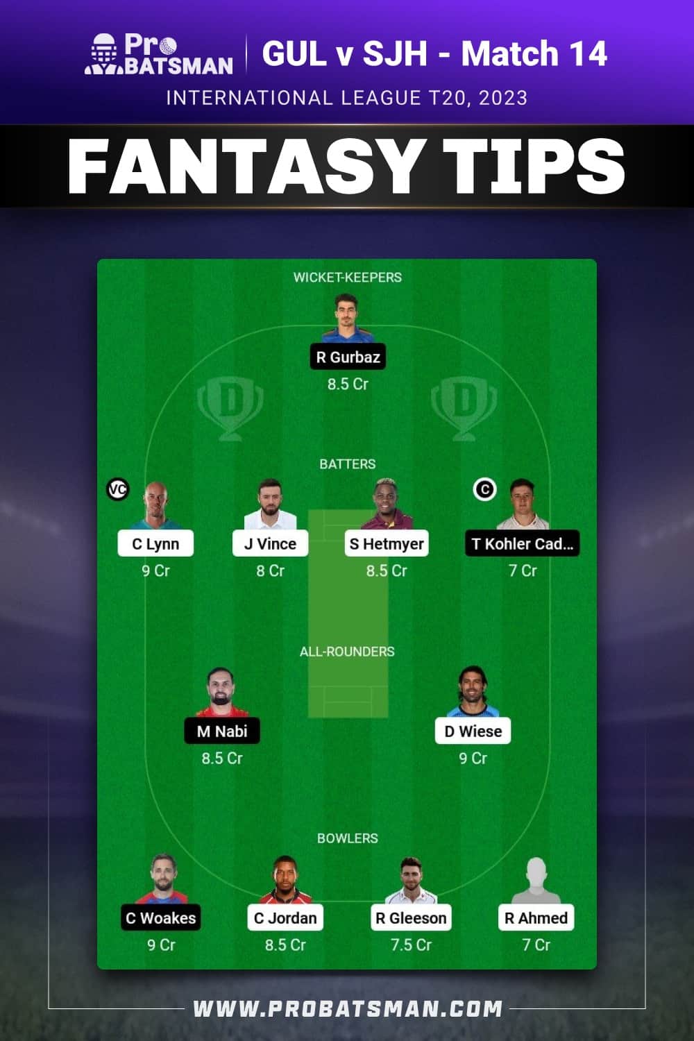 GUL vs SJH Dream11 Prediction - Fantasy Team 2