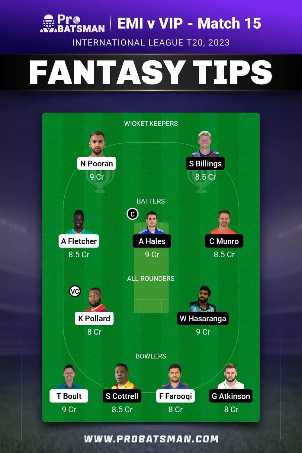 EMI vs VIP Dream11 Prediction - Fantasy Team 1