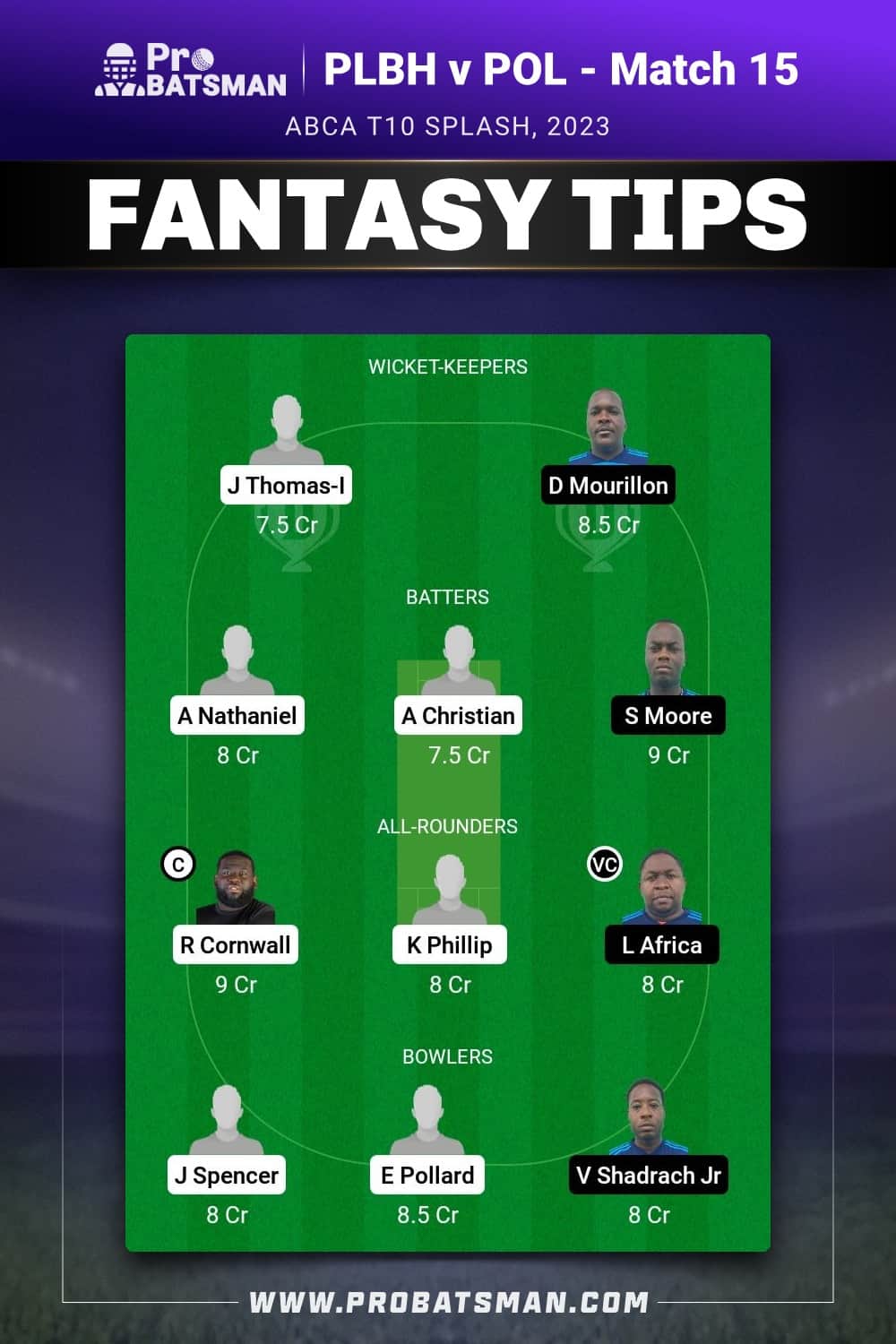 PLBH vs POL Dream11 Prediction - Fantasy Team 1