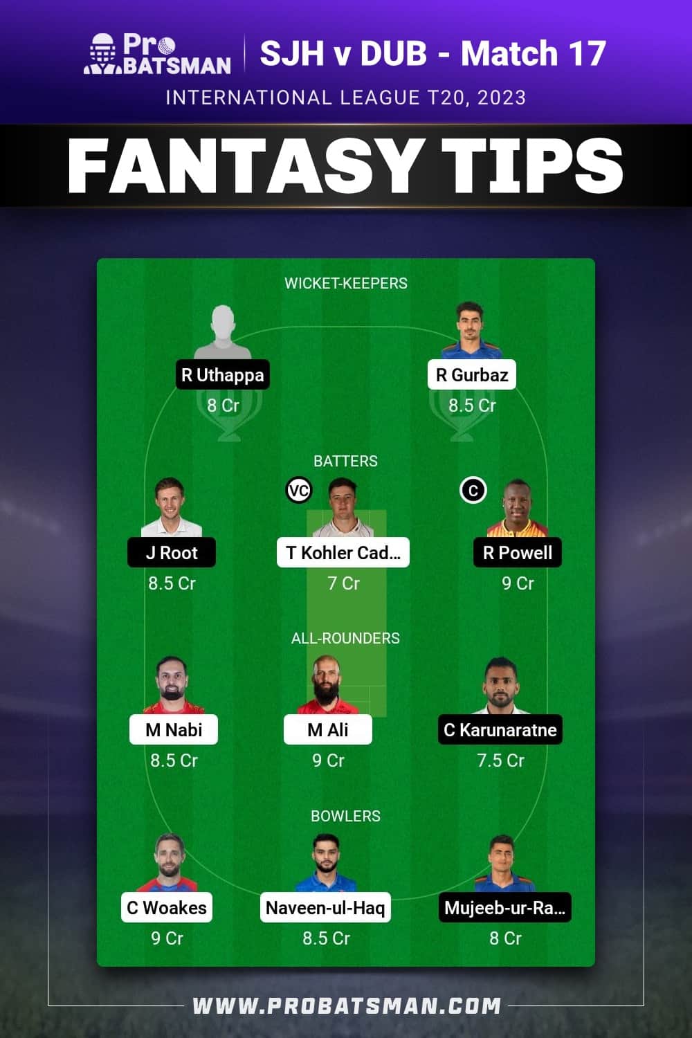 SJH vs DUB Dream11 Prediction - Fantasy Team 1