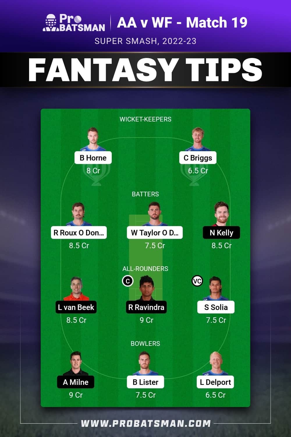 AA vs WF Dream11 Prediction - Fantasy Team 1