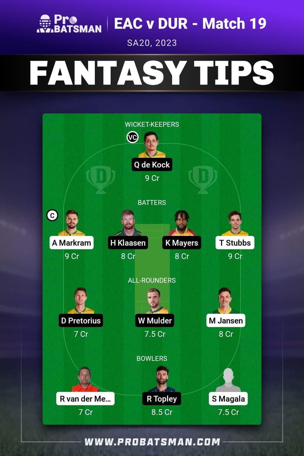 EAC vs DUR Dream11 Prediction - Fantasy Team 1 EAC vs DUR Dream11 Prediction - Fantasy Team 1