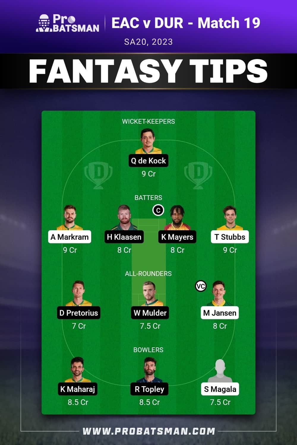 EAC vs DUR Dream11 Prediction - Fantasy Team 2