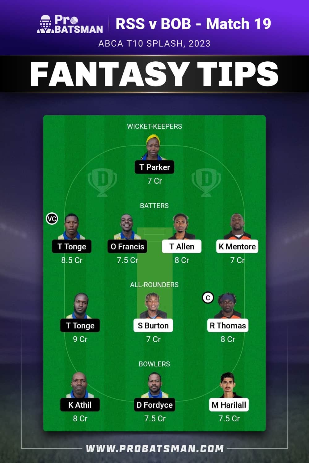 RSS vs BOB Dream11 Prediction - Fantasy Team 1