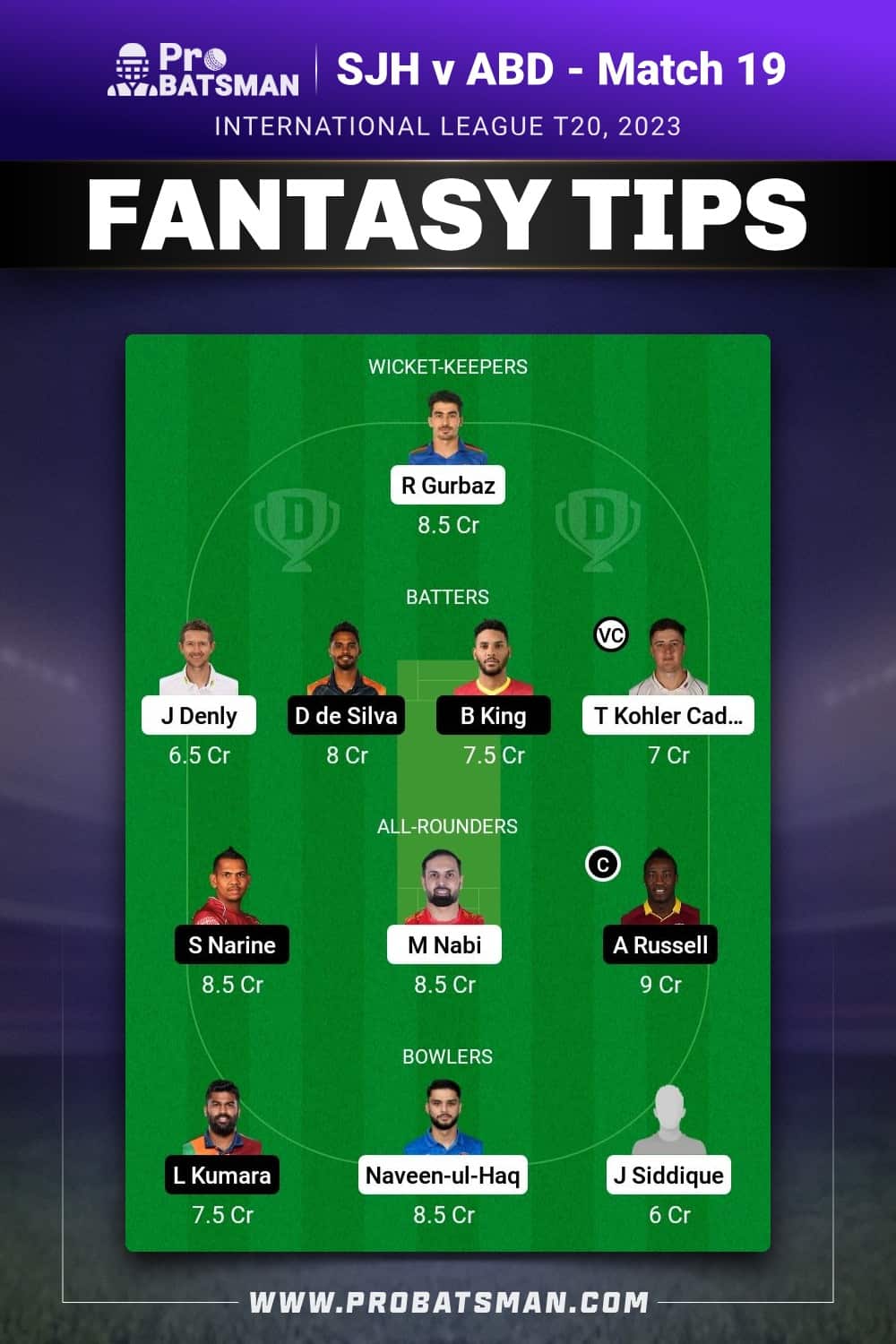 SJH vs ABD Dream11 Prediction - Fantasy Team 1