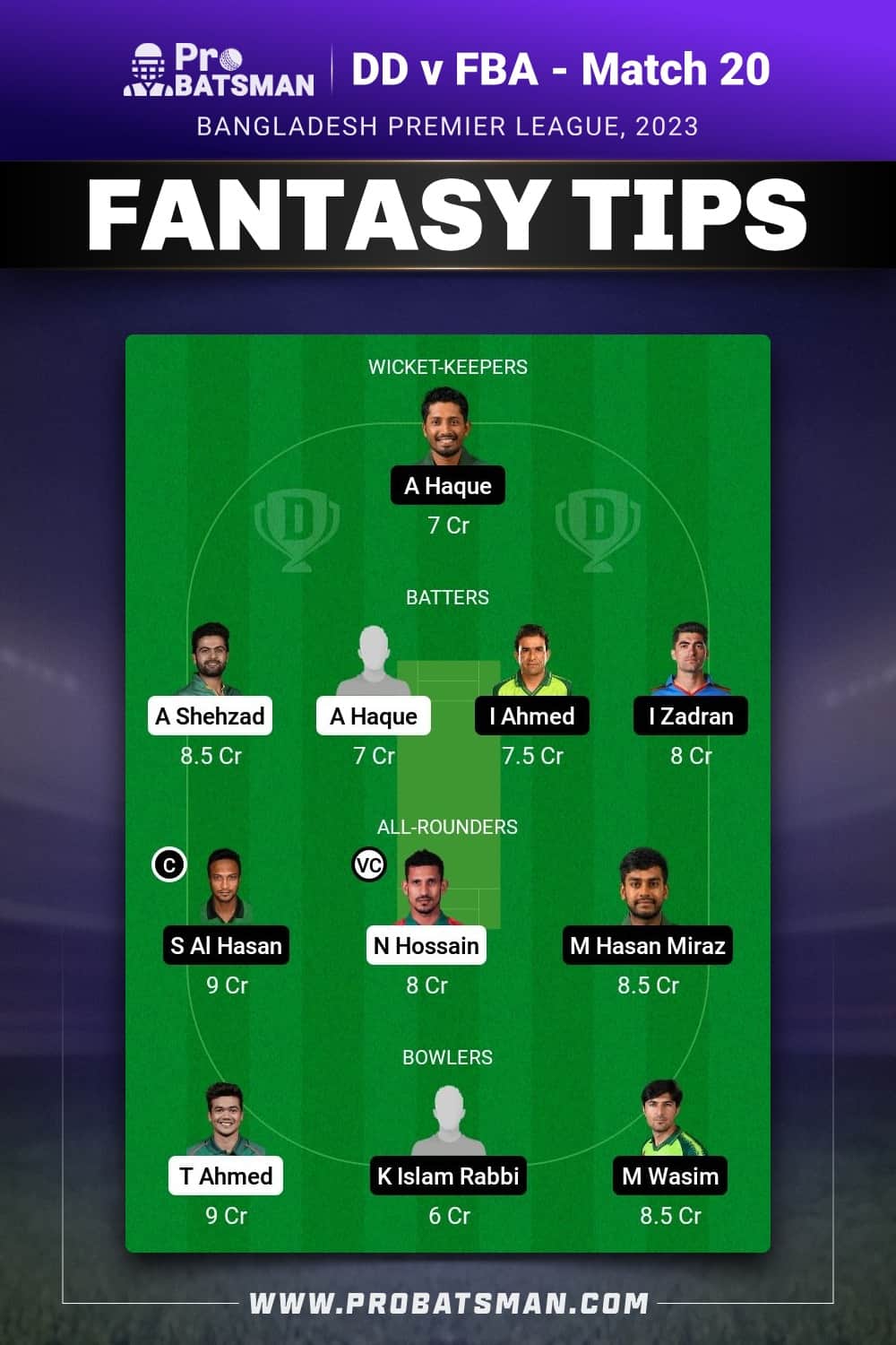 DD vs FBA Dream11 Prediction With Stats, Pitch Report & Player Record of BPL, 2023 For Match 20