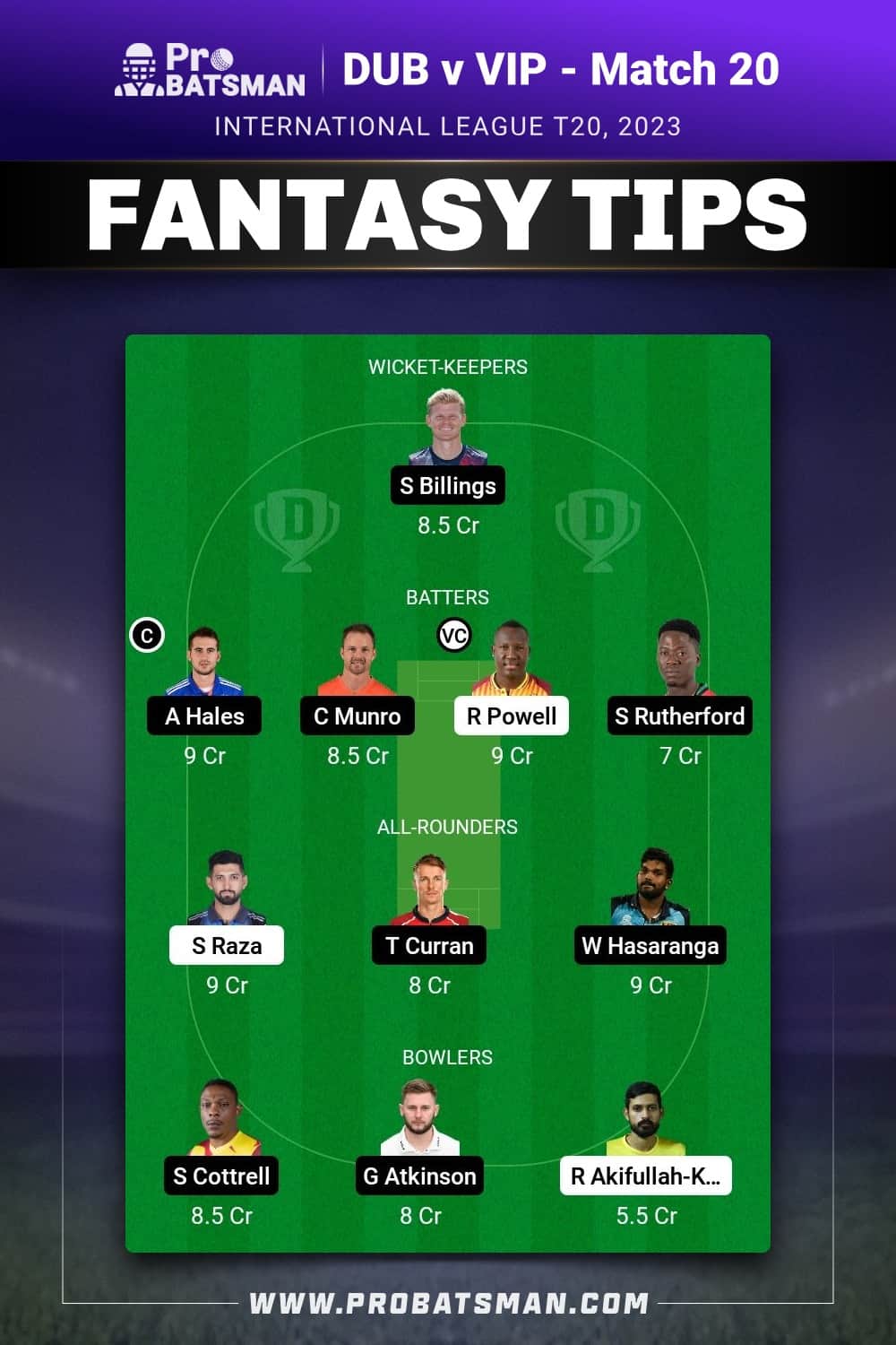 DUB vs VIP Dream11 Prediction - Fantasy Team 1