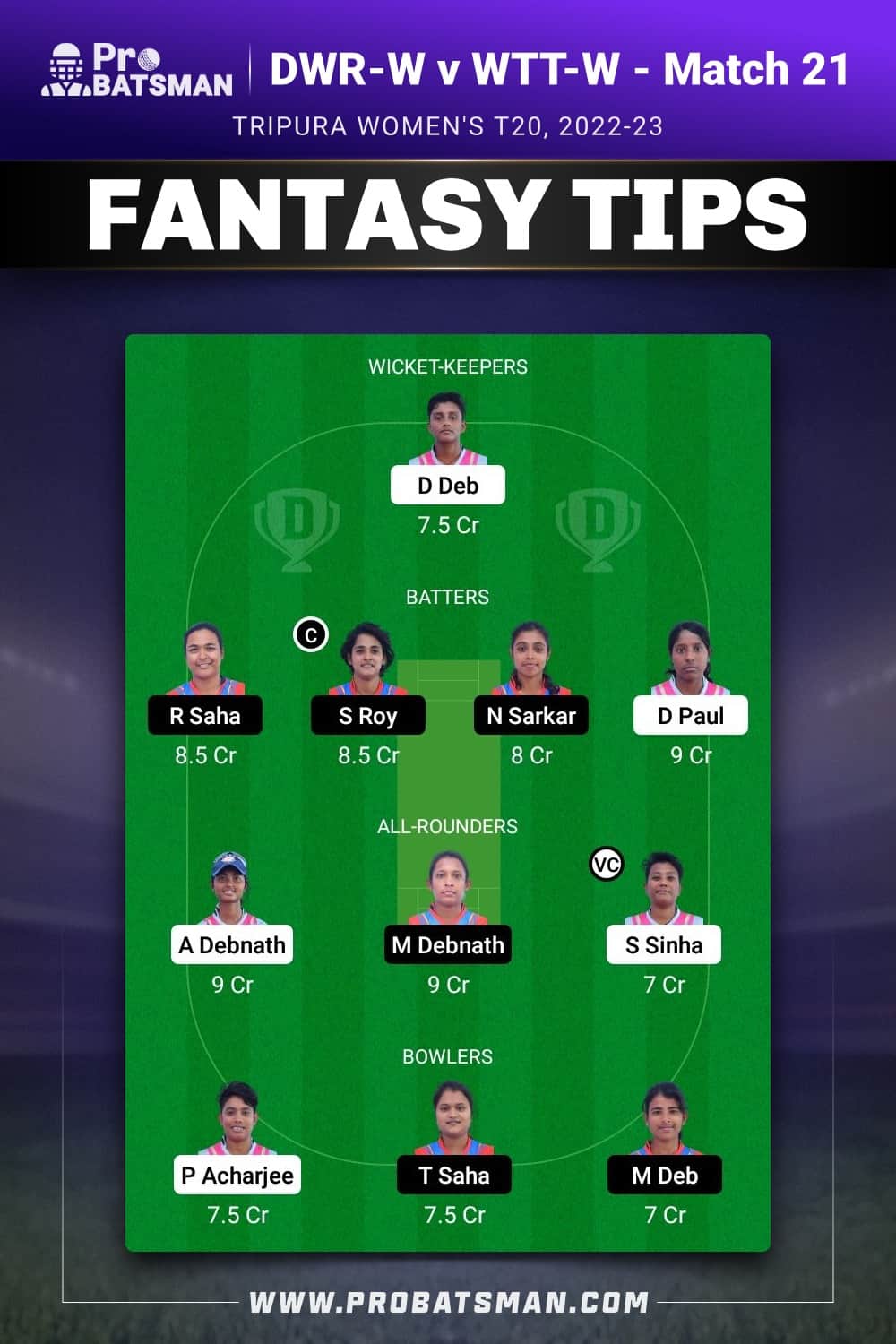 DWR-W vs WTT-W Dream11 Prediction - Fantasy Team 1