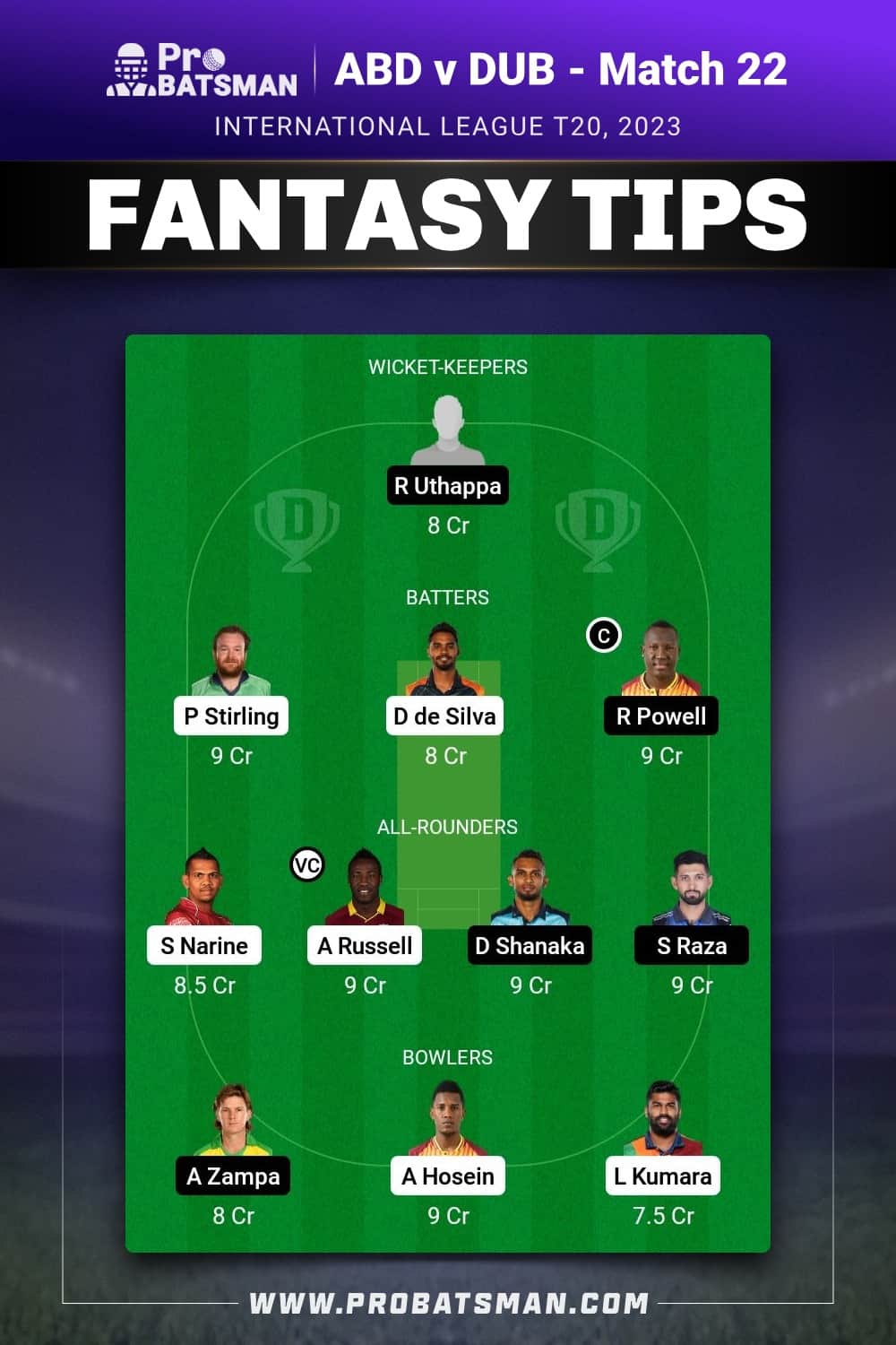 ABD vs DUB Dream11 Prediction - Fantasy Team 1