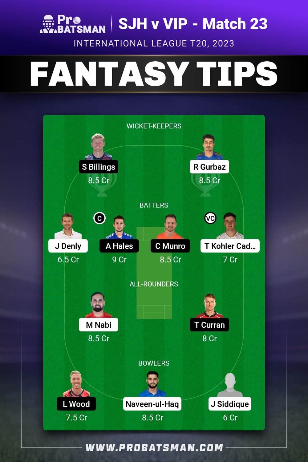 SJH vs VIP Dream11 Prediction - Fantasy Team 1