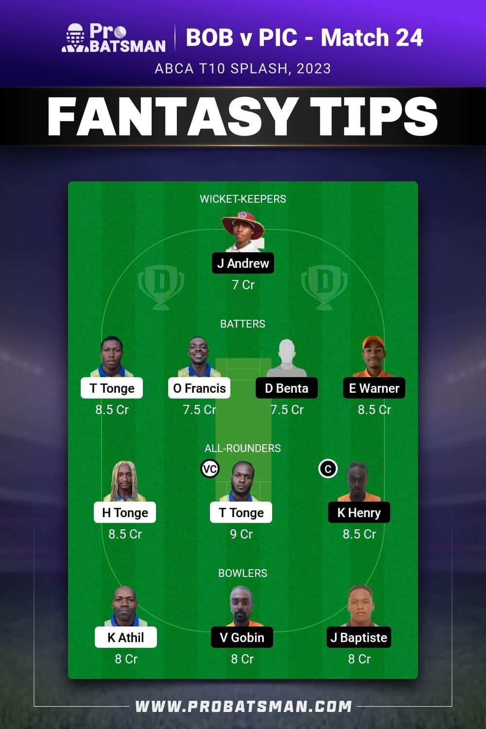 BOB vs PIC Dream11 Prediction - Fantasy Team 1