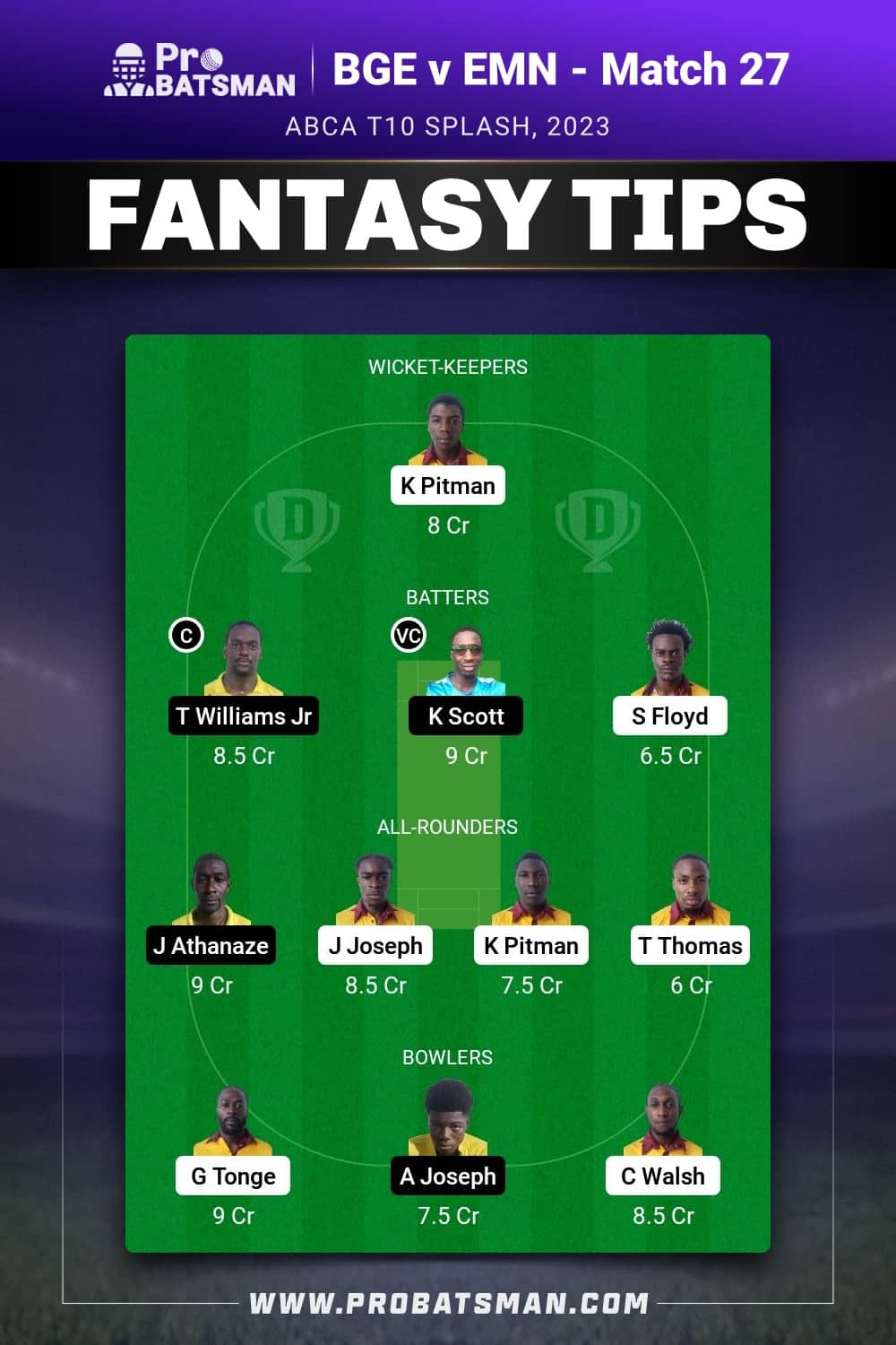BGE vs EMN Dream11 Prediction - Fantasy Team 1 BGE vs EMN Dream11 Prediction - Fantasy Team 1