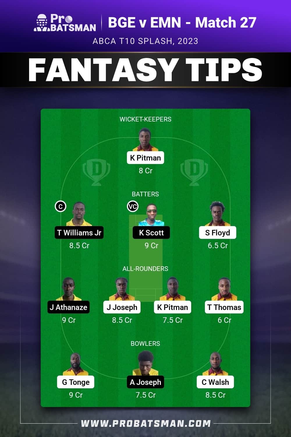 BGE vs EMN Dream11 Prediction - Fantasy Team 1