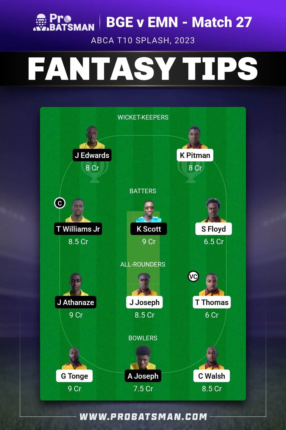 BGE vs EMN Dream11 Prediction - Fantasy Team 2 BGE vs EMN Dream11 Prediction - Fantasy Team 2