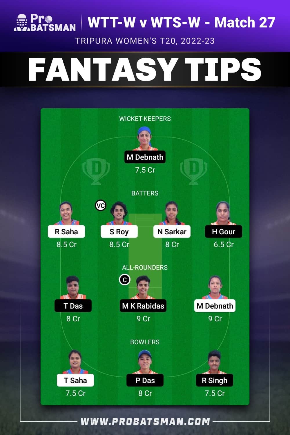 WTT-W vs WTS-W Dream11 Prediction With Stats, Pitch Report & Player Record of Tripura Women's T20, 2022-23 For Match 27