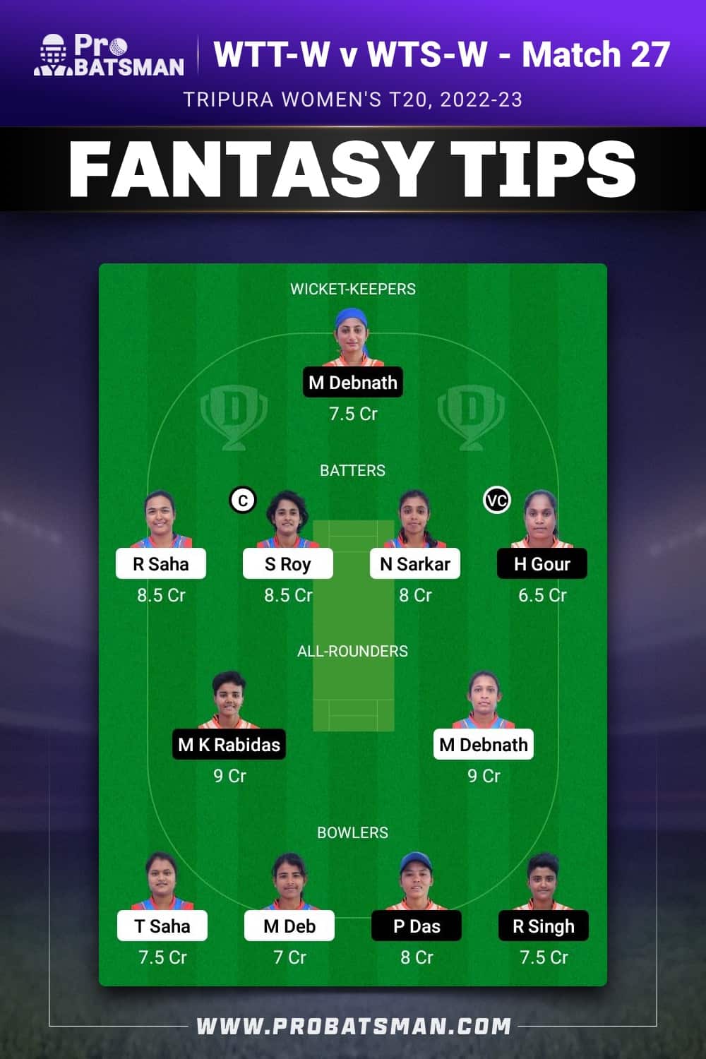 WTT-W vs WTS-W Dream11 Prediction With Stats, Pitch Report & Player Record of Tripura Women's T20, 2022-23 For Match 27