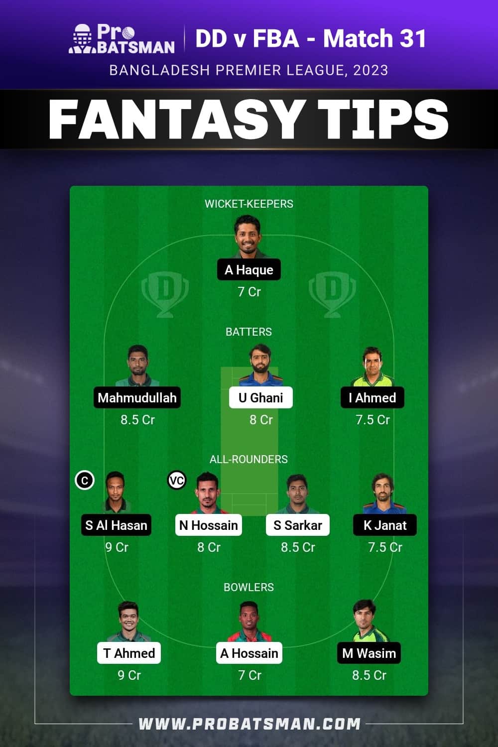 DD vs FBA Dream11 Prediction - Fantasy Team 1