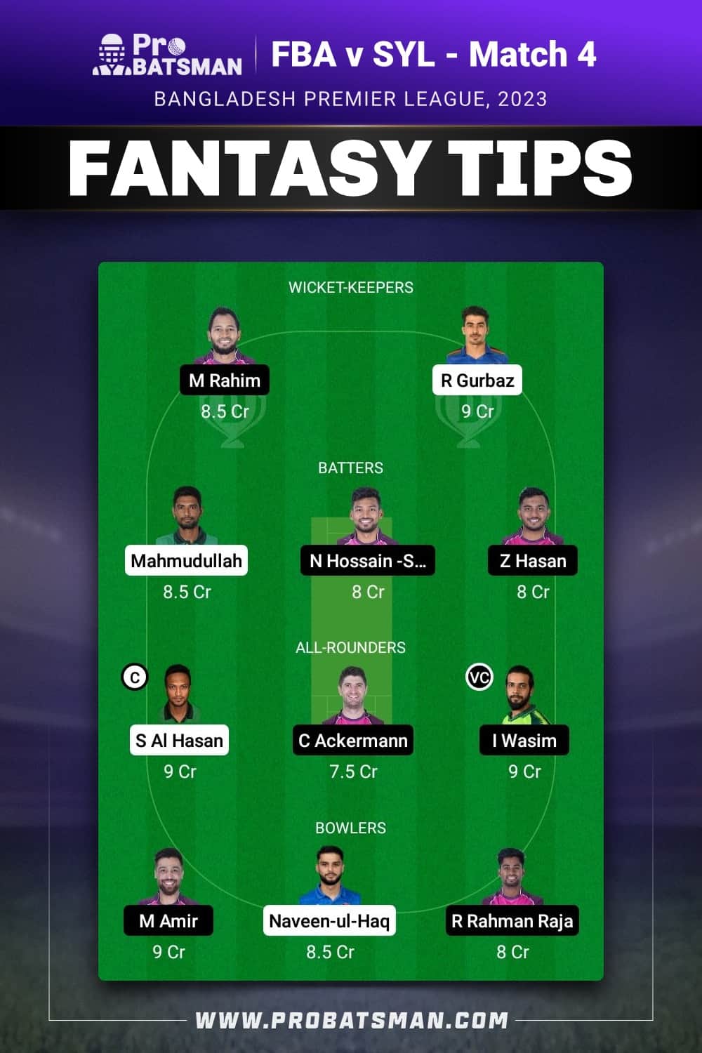 FBA vs SYL Dream11 Prediction - Fantasy Team 1