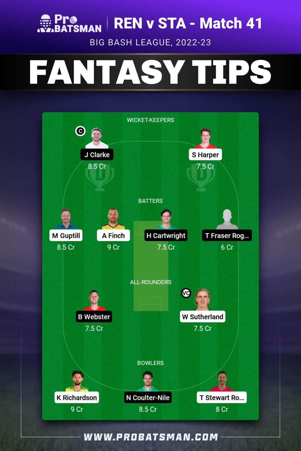 REN vs STA Dream11 Prediction With Stats, Pitch Report & Player Record of BBL, 2022-23 For Match 41