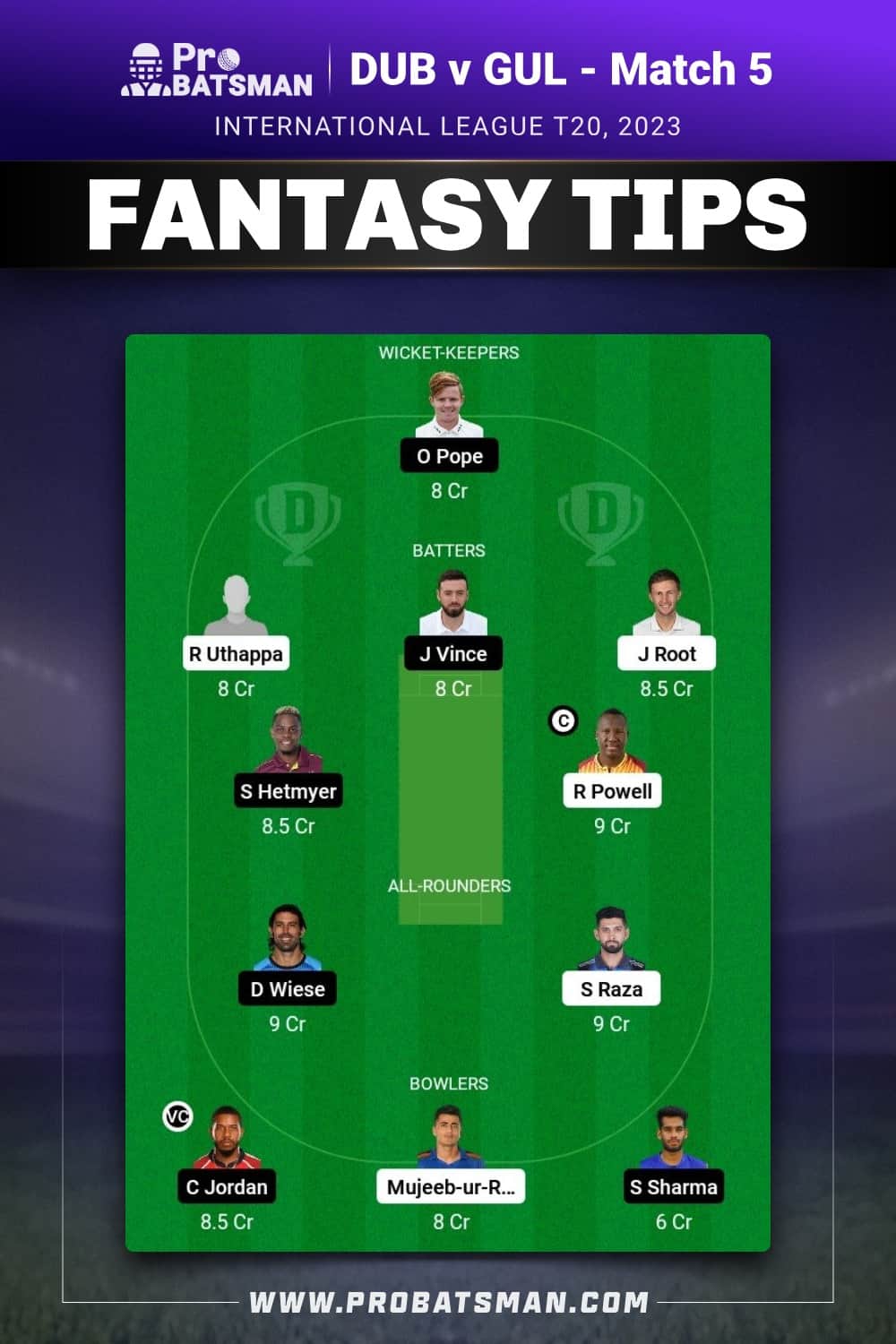 DUB vs GUL Dream11 Prediction - Fantasy Team 1