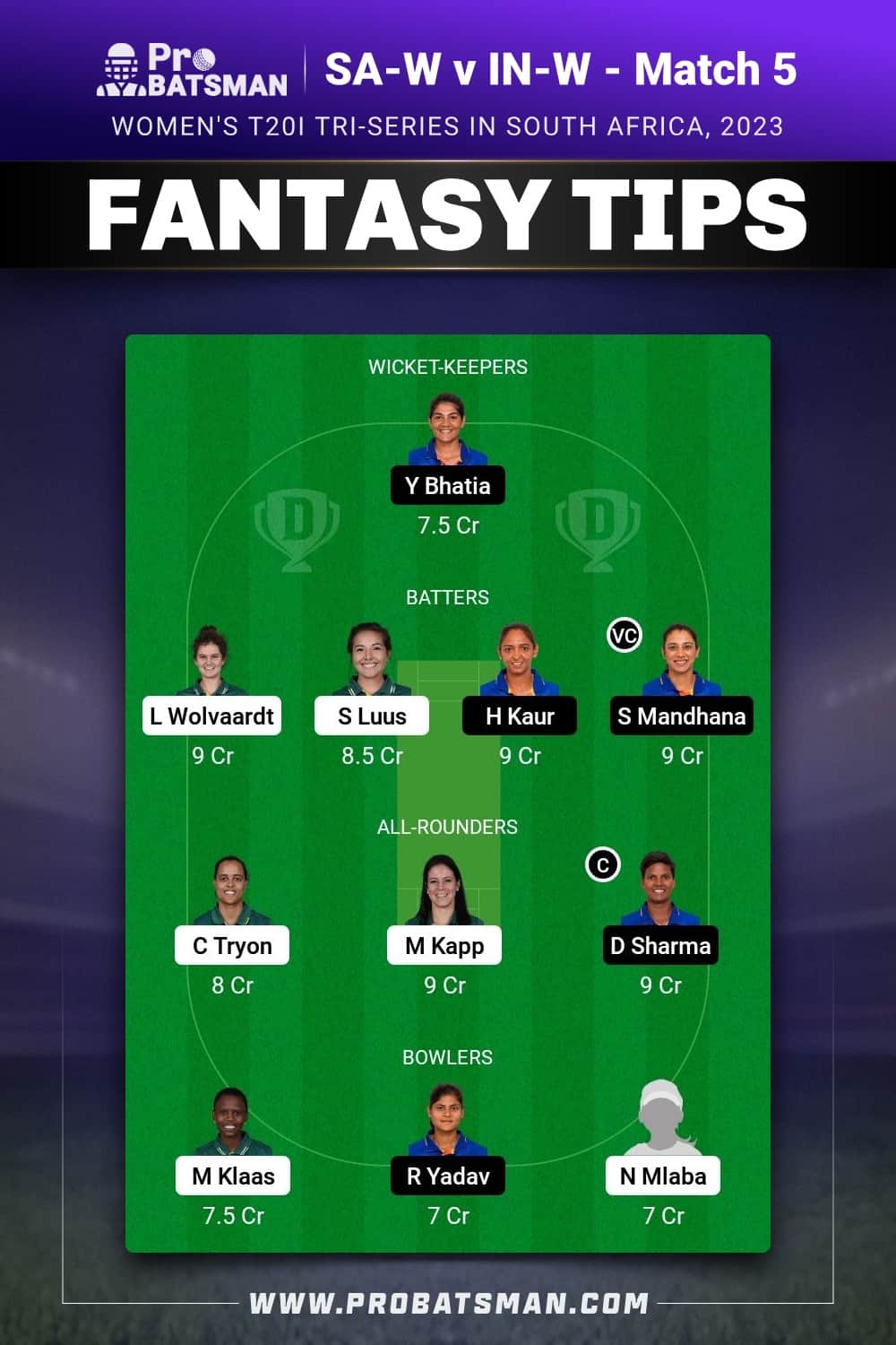 SA-W vs IN-W Dream11 Prediction - Fantasy Team 1