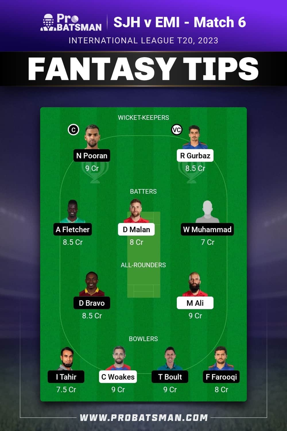 SJH vs EMI Dream11 Prediction - Fantasy Team 1 SJH vs EMI Dream11 Prediction - Fantasy Team 1