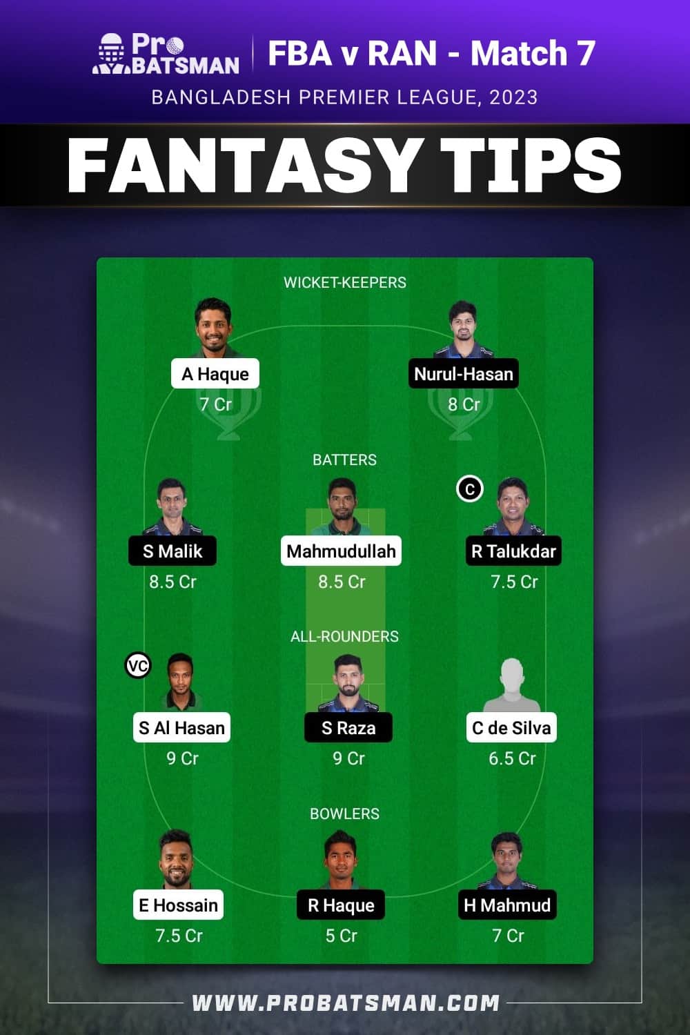 FBA vs RAN Dream11 Prediction - Fantasy Team 2