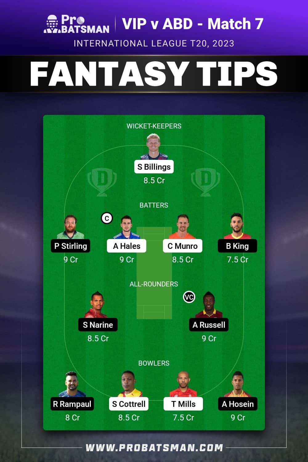 VIP vs ABD Dream11 Prediction - Fantasy Team 1