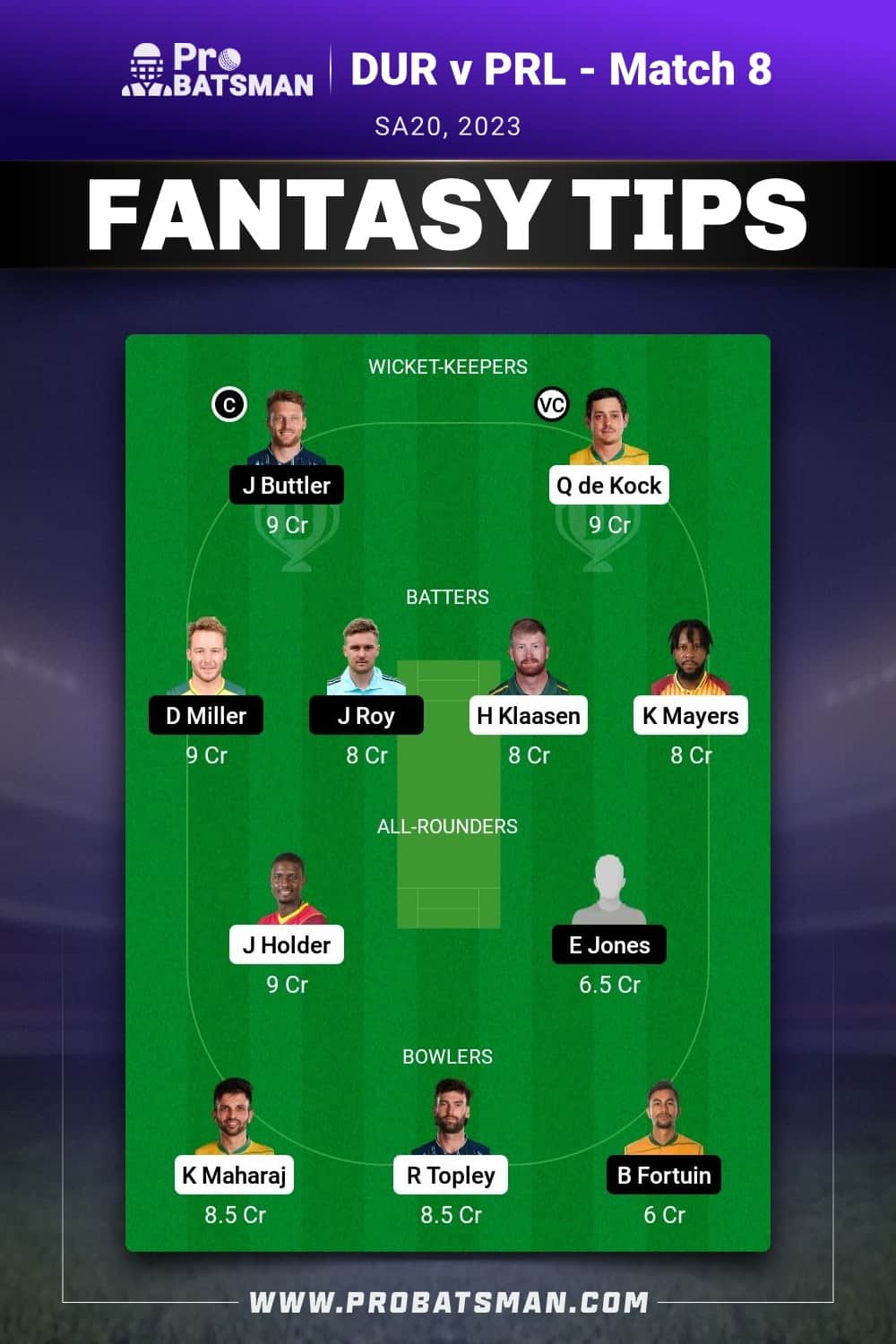 DUR vs PRL Dream11 Prediction - Fantasy Team 1