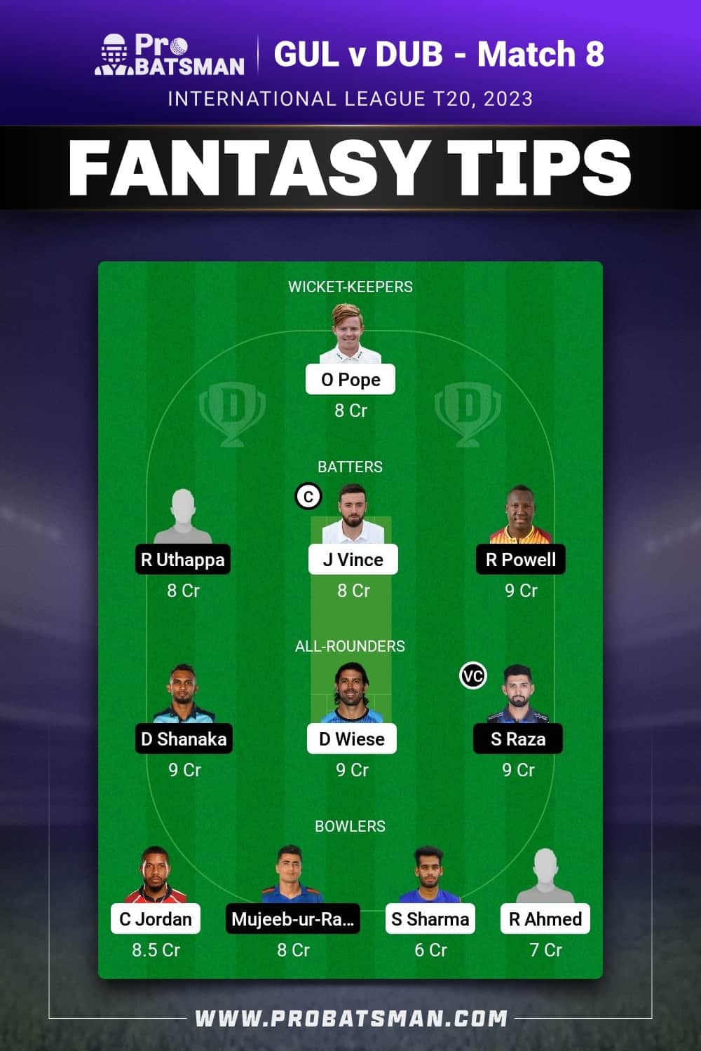 GUL vs DUB Dream11 Prediction - Fantasy Team 2