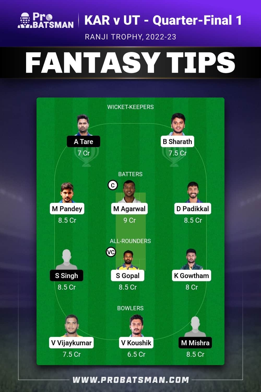 KAR vs UT Dream11 Prediction - Fantasy Team 1