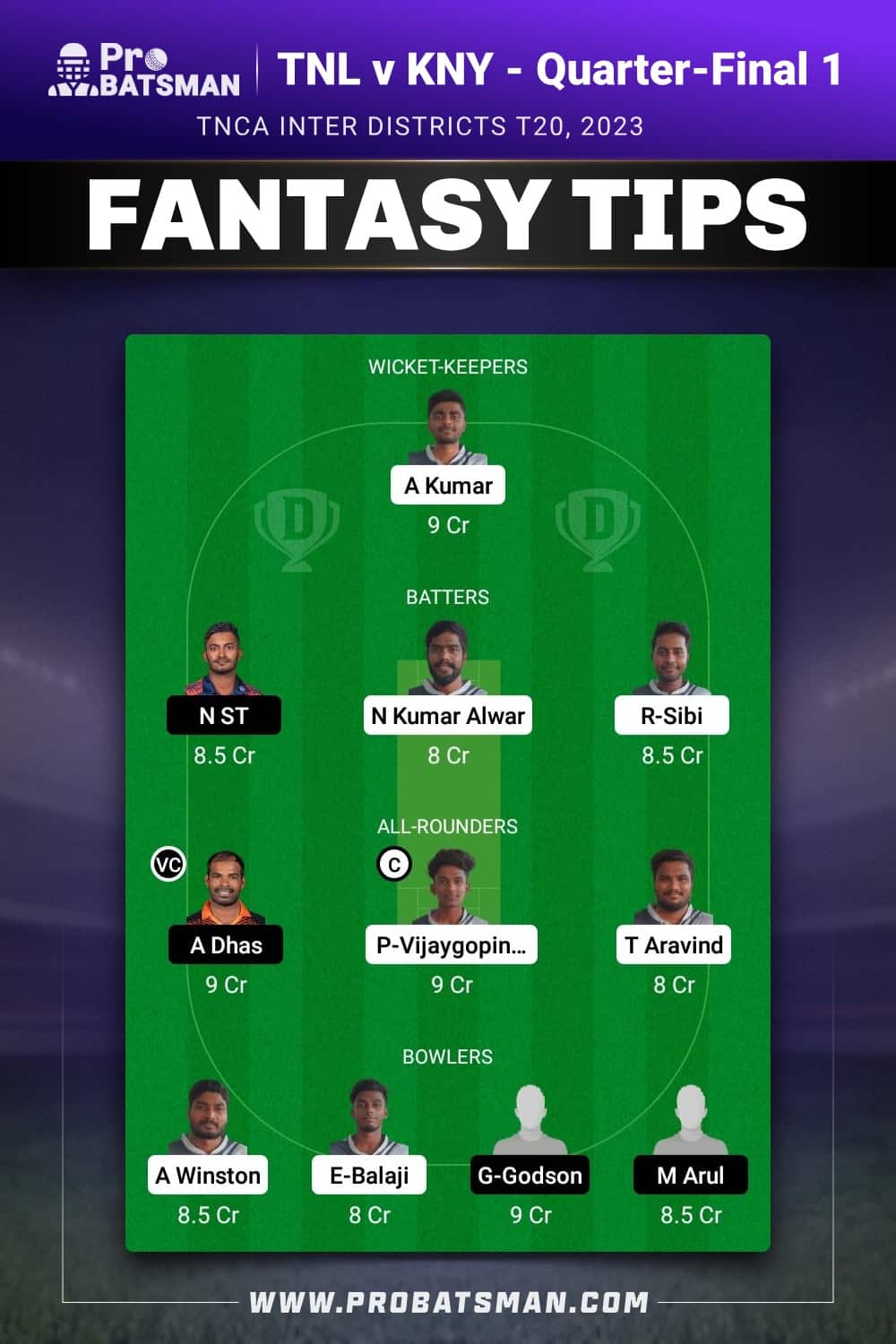 TNL vs KNY Dream11 Prediction - Fantasy Team 1