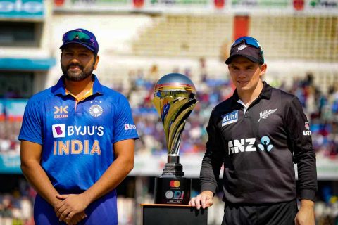 Rohit Sharma & Tom Latham with ODI Trophy ahead of New Zealand tour of India 2023
