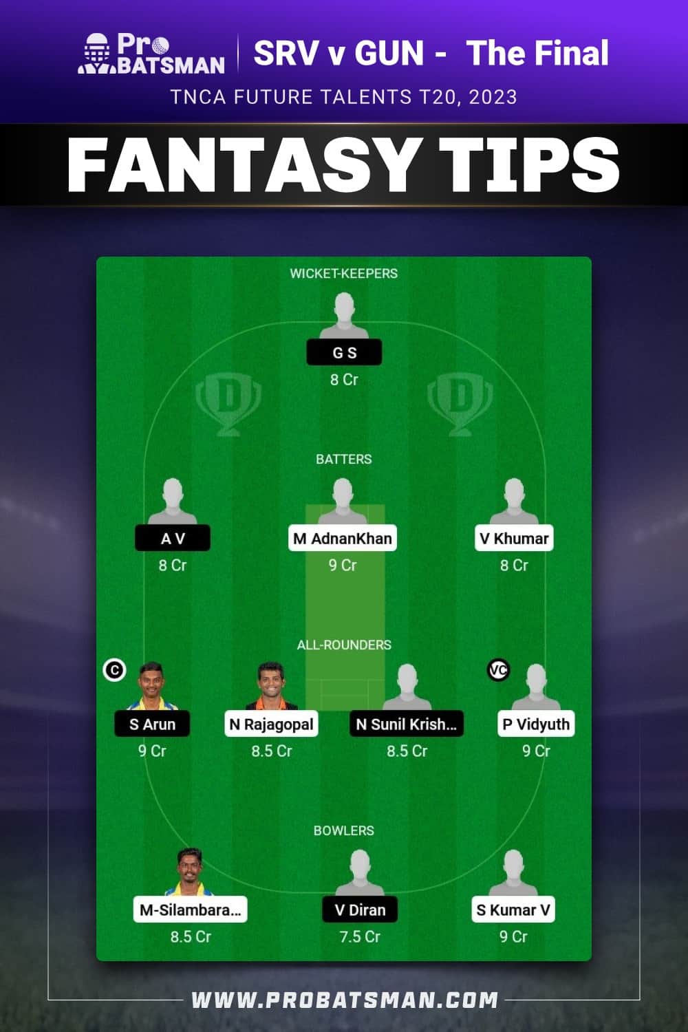 SRV vs GUN Dream11 Prediction - Fantasy Team 1