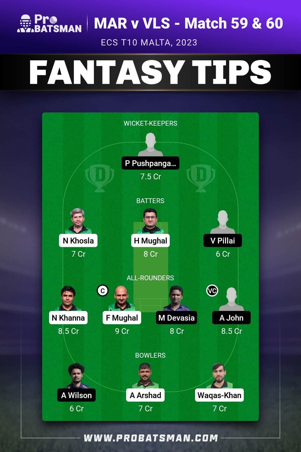 MAR vs VLS Dream11 Prediction - Fantasy Team 1